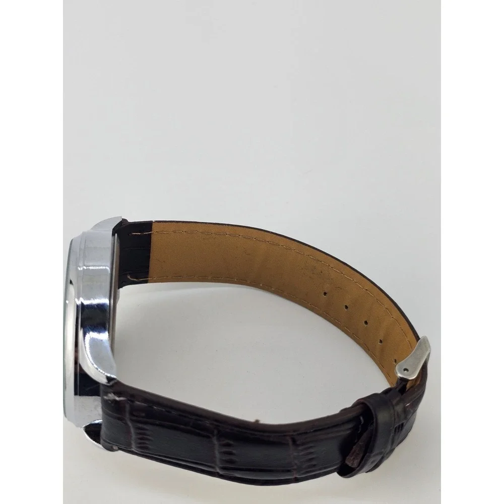 Men's Analog Watch 45MM Brown Dial Dark Brown Faux Leather Bands New Battery